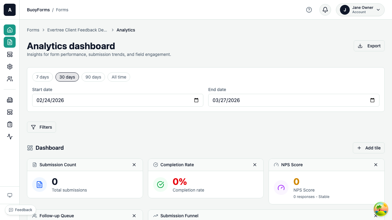 Analytics dashboard — submission trends, field breakdowns, and NPS scores