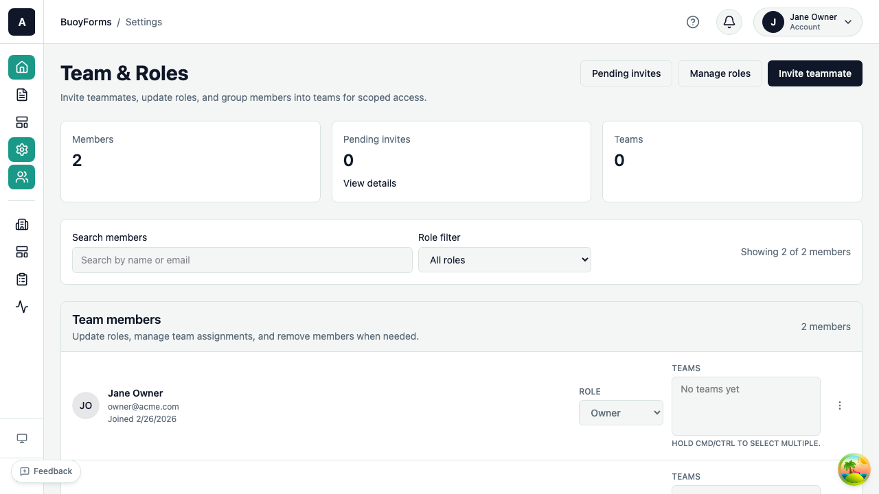 Team settings — invite members, assign roles, manage access