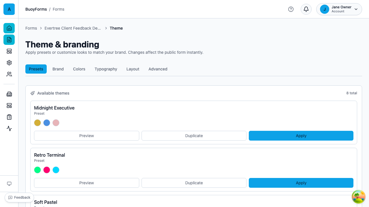 Theme editor — customize colors, fonts, and layout with a live preview